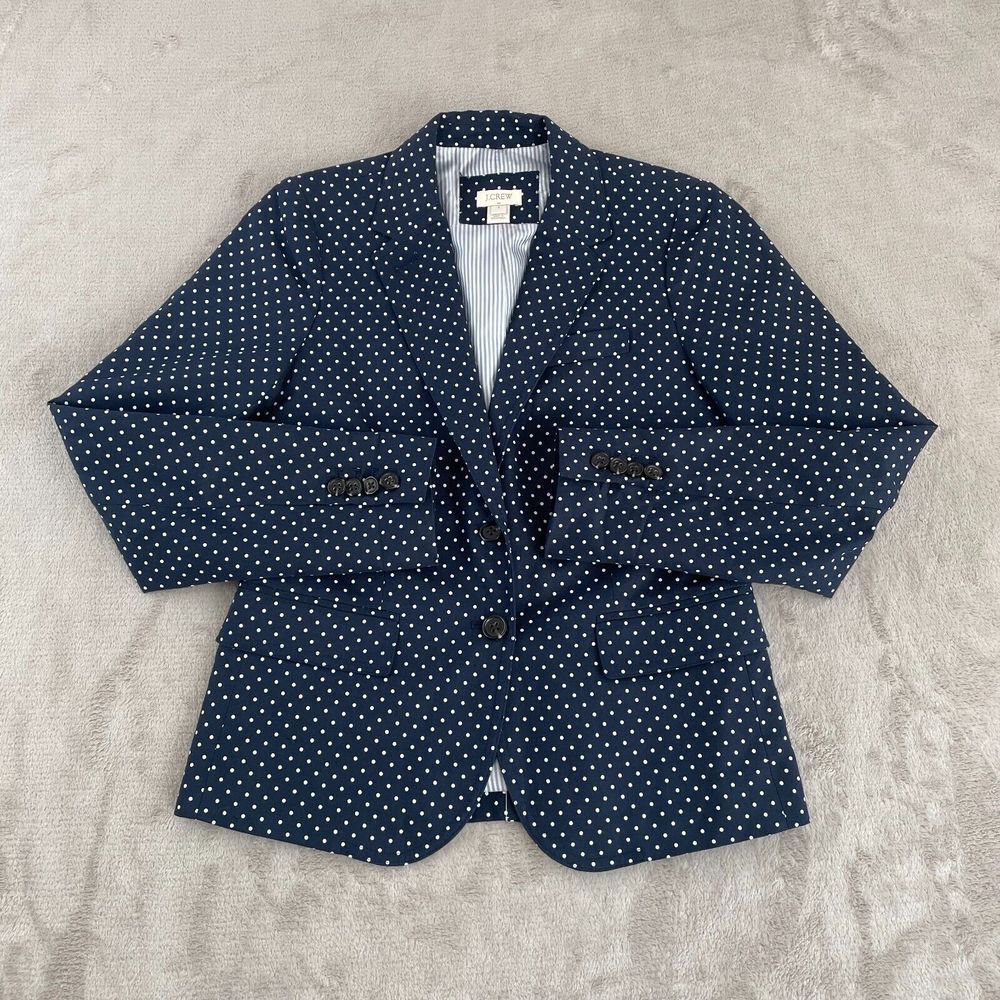 J. Crew Schoolboy Blazer Women 2 Navy Polka Dot Linen Blend Two Button Front NEW